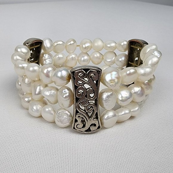 WHITE Faux Pearl Filigree Silver Stretch Bracelet - Picture 2 of 4